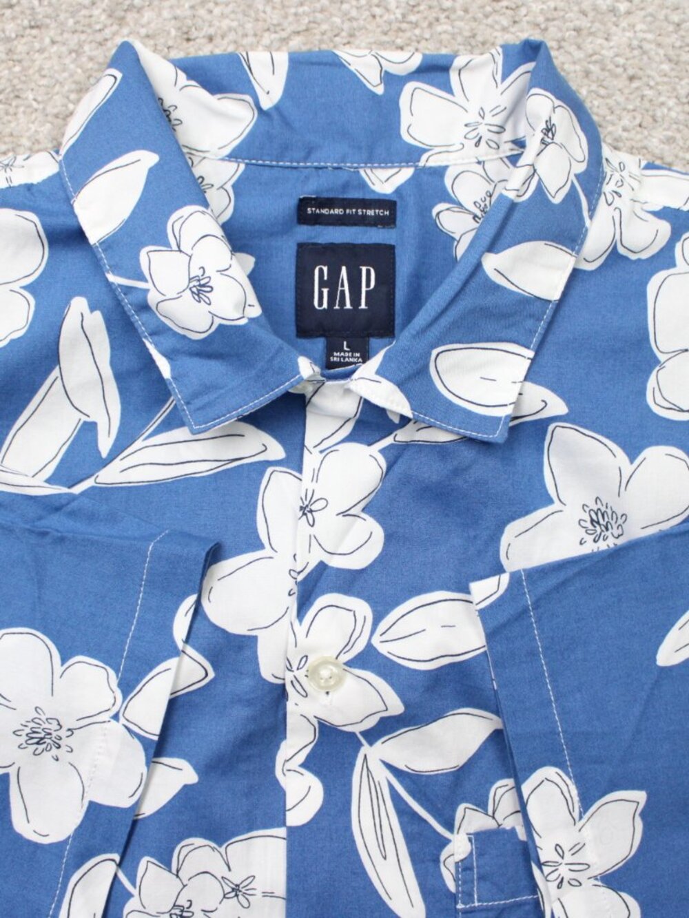 GAP Shirt Mens Large Tropical Floral Blue Poplin‎ Standard Fit Stretch S/S